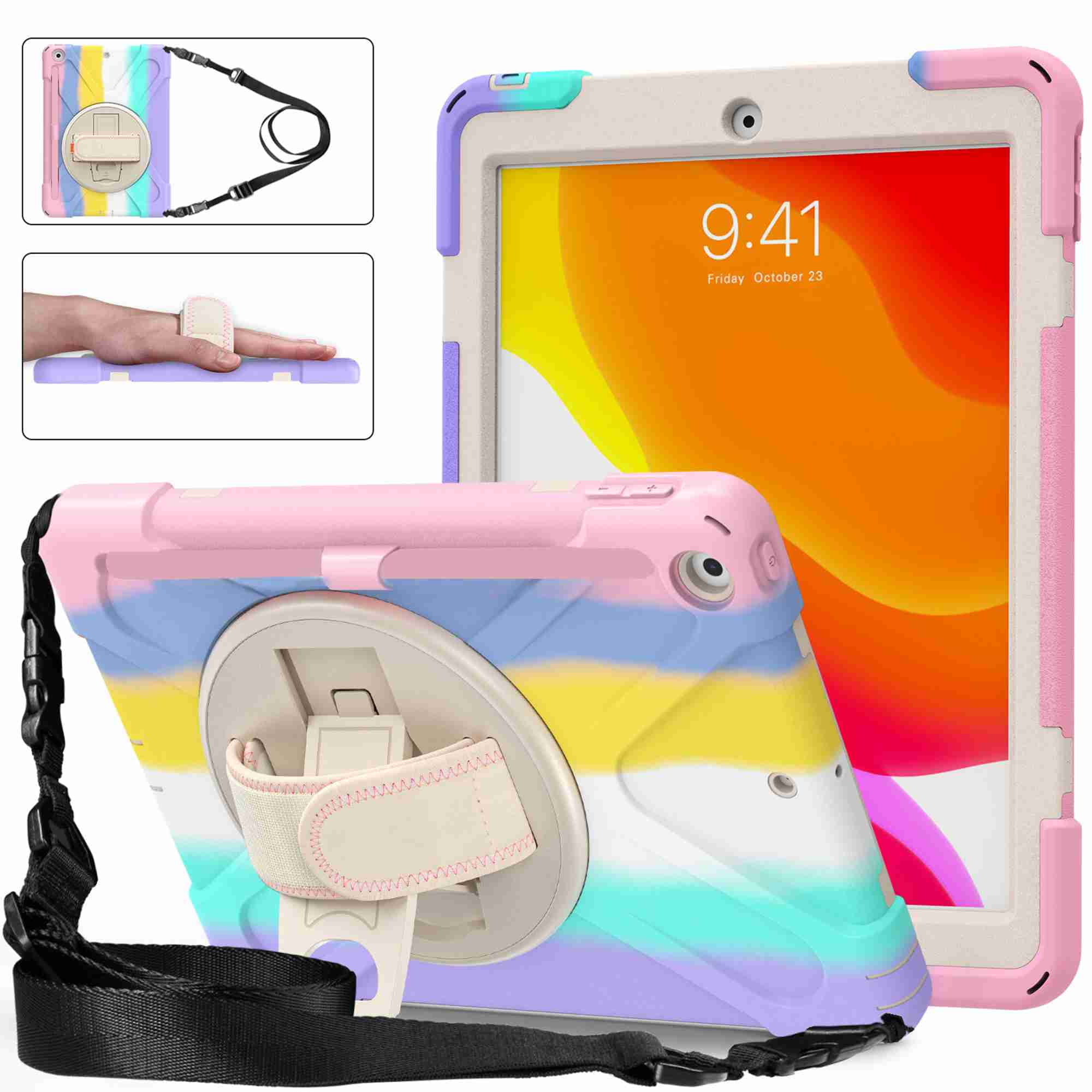 Dteck iPad 8th / 7th Generation Case, Heavy Duty Rugged Case with Pencil Holder Hand Strap, Kickstand, Shoulder Strap for Apple iPad 10.2 Inch 2020/2019- Multicolour