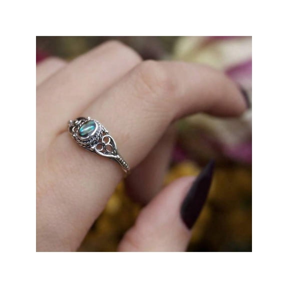 Silver Vintage Ring With Oval Iridescent Stone And Celtic Filigree Band
