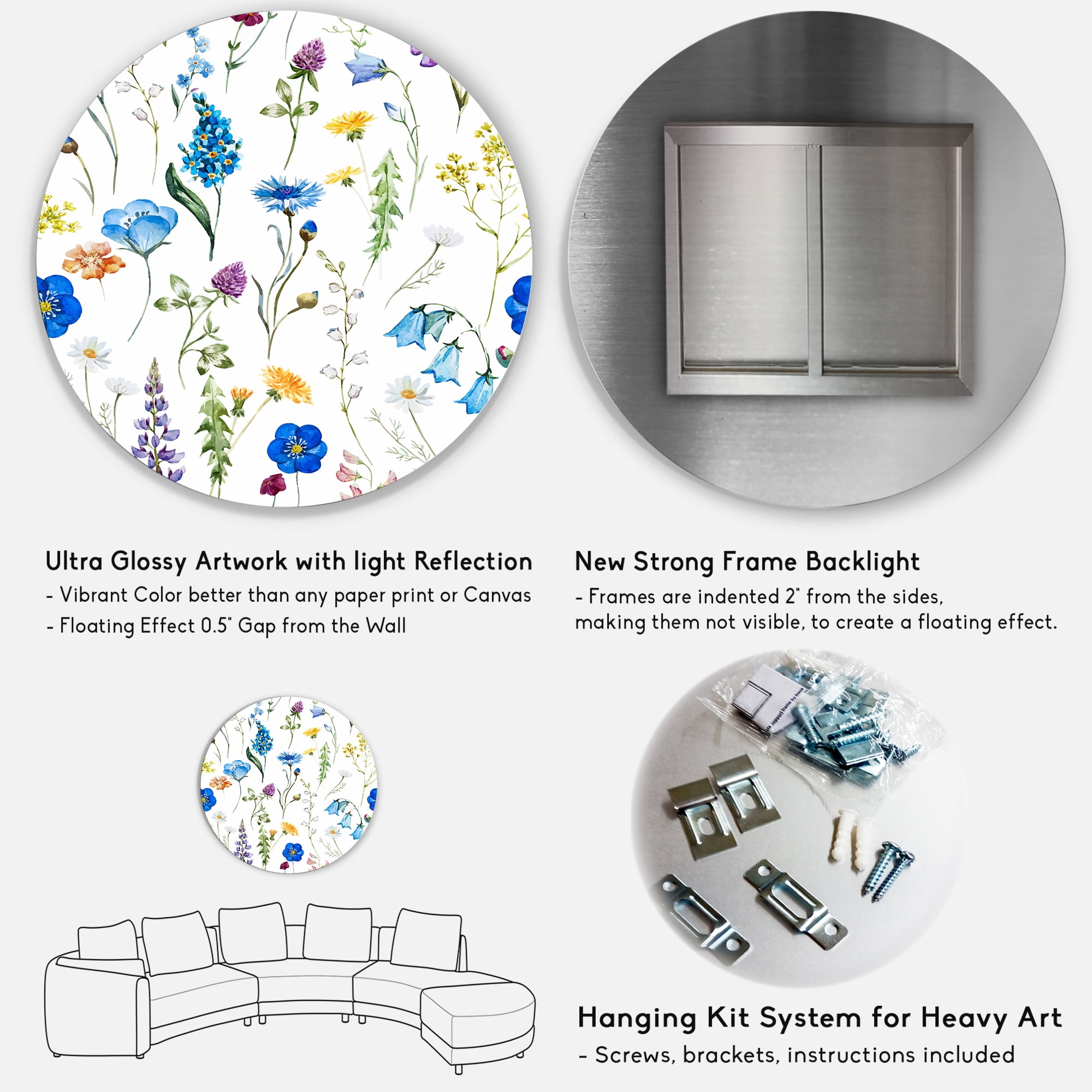 Designart 'Blue Wildflowers With Leaves I' Traditional Circle Metal Wall Art 23x23 - Disc of 23