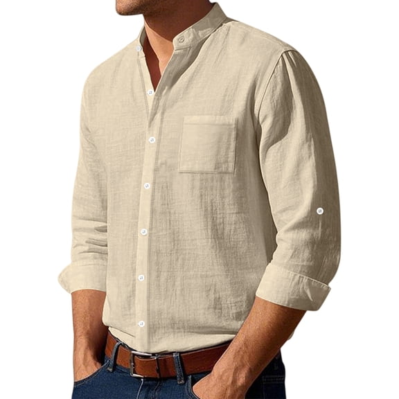 Men'S Linen Shirts Long Sleeve Button Down Shirt Band Collar Beach Shirts Khaki S