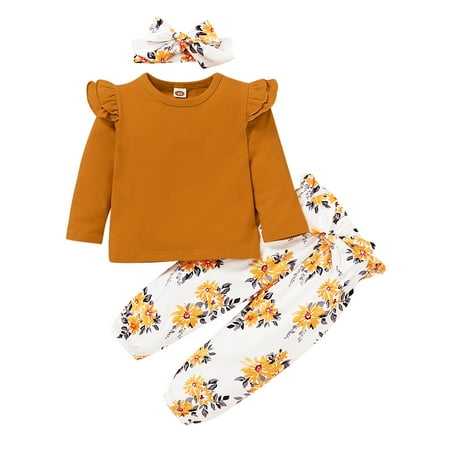 

2T Toddler Baby Girls Clothes Baby Girl Outfits Long Sleeve Top Floral Pants Headband 3PCS Set 2-3T Girls Fall Winter Outfits Brown