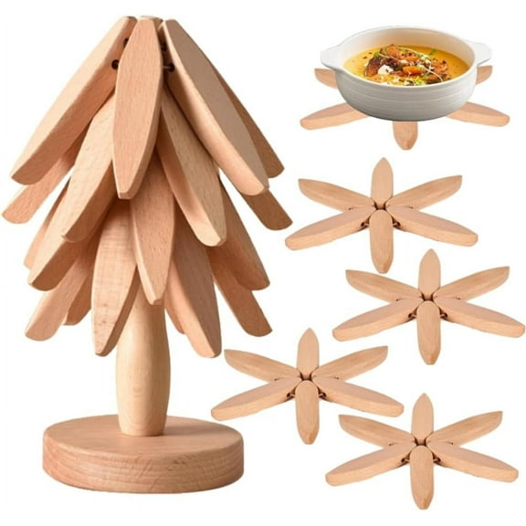 Natural Foldable Black Walnut Wooden Trivet Set - 4 Trivets   1 Stand for Hot Dishes, Pot, Bowl, Teapot, Hot Pot Holders,Wood-4