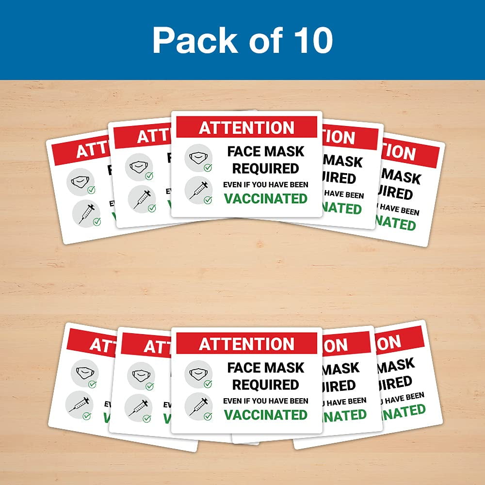 Face Mask Required, Even if You Have Been Vaccinated Window Sticker - Pack of 10 Decals - Red and White Design - 10 x 7 Inch Rectangle - Indoor Only - Removable Adhesive Vinyl - Online Labels