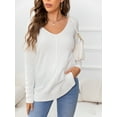 thumbnail image 2 of CALIPESSA Womens White Knit Long Sleeve Soft V Neck Solid Side Split Sweater Pullovers, 2 of 5