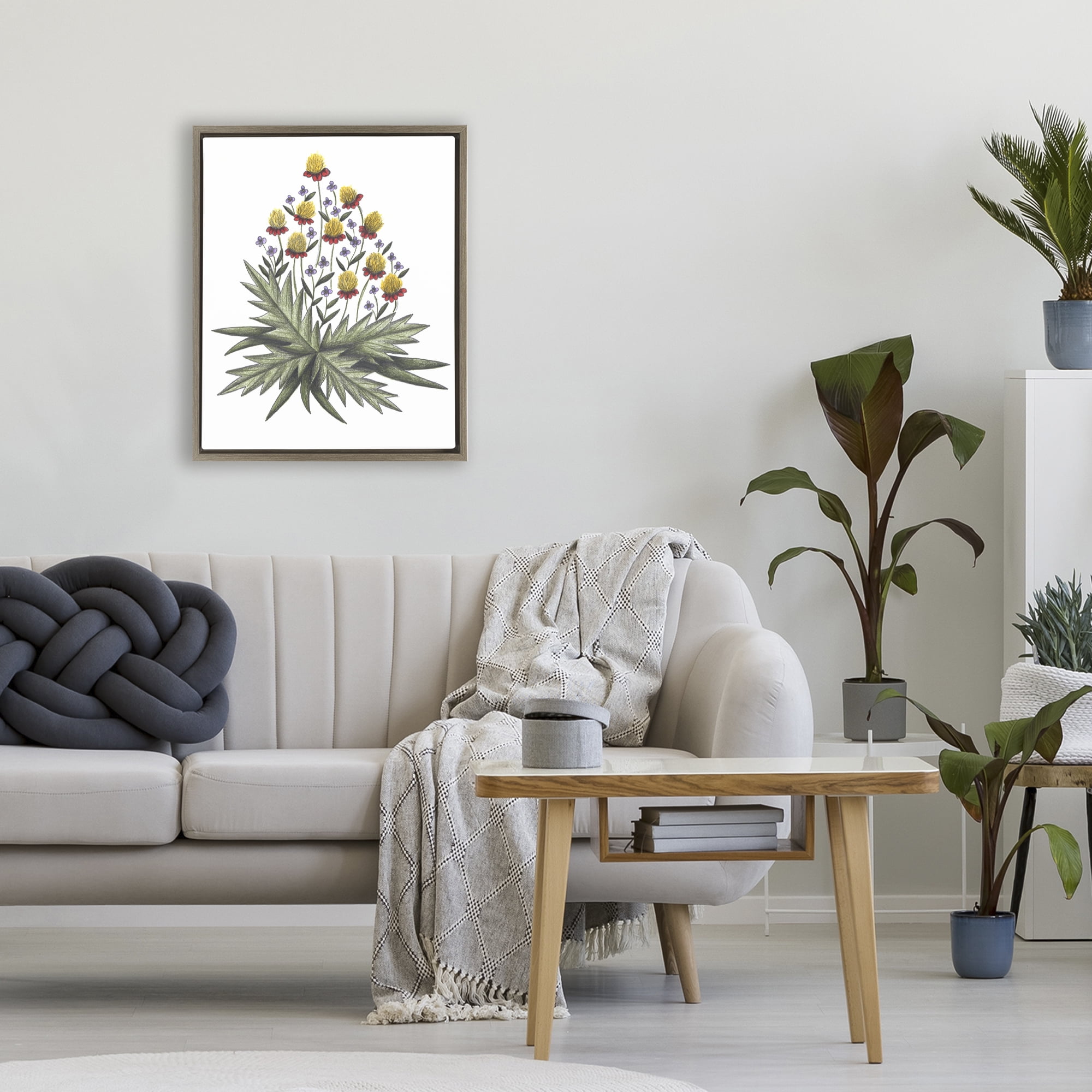 Yellow Leafy Wild Flowers Brown Framed Floater Canvas Wall Art, design by Cecilia Battaini