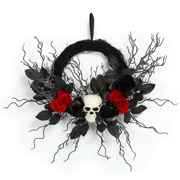 Adeeing Halloween Wreath 20 Inch Artificial Halloween Skull Wreath Decoration with Roses, Branches for Front Door Home Door Wall