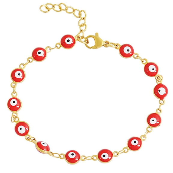 Edforce Stainless Steel Women's Charm Bracelet Green | Gold Enamel Evil Eye Protection Link Chain Adjustable, 8" (Red, Stainless-Steel-and-Gold)