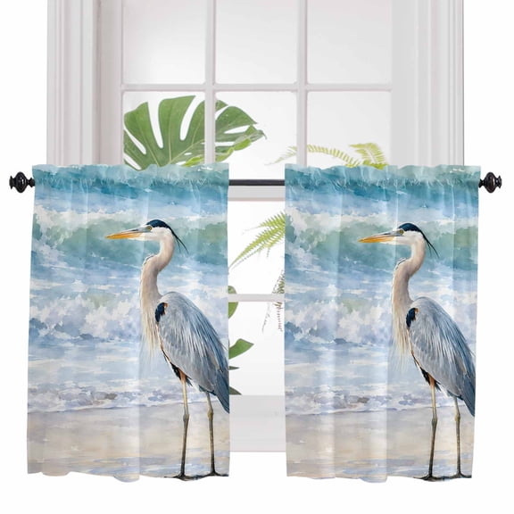 Coastal Heron Bathroom Window Curtain, Summer Beach Waves Birds Ocean Blue Light Filtering Coffee Kitchen Curtains, Bedroom Living Room Curtains 2 Panel 84"x45"