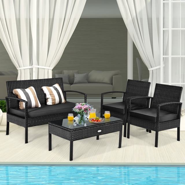 Gymax Set Of 4 Outdoor Patio Rattan Furniture Set Cushioned Sofa Coffee Table Garden Deck