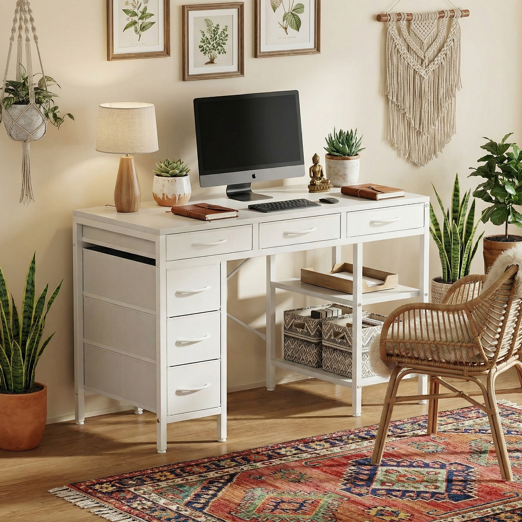 CONCETTA 55 inch Computer Desk with 6 Drawers & 2 Open Shelves, Modern Home Office Desk with Storage, Writing Study Desk for Bedroom, Workspace，White