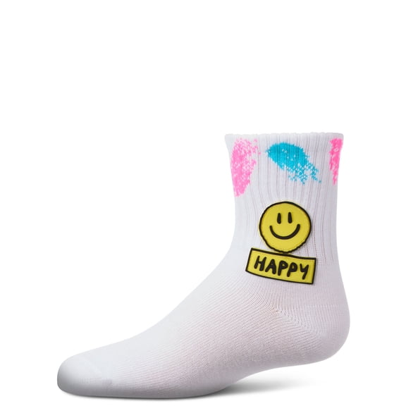 MeMoi Girls "Happy Face" Cotton Blend Crew Sock with Splatter Paint Graphics - Girls - Female, 8, Neon Yellow