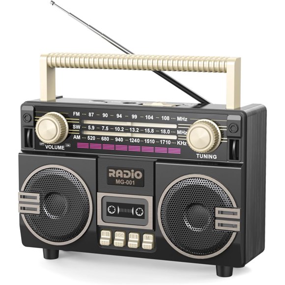 MG001 Radio Portable Rétro Vintage AM FM SW, Radio à Ondes Courtes à Transistor Rechargeable, Prend en Charge Carte MicroSD/TF AUX Lecteur USB avec Double Haut-Parleur, Haut-Parleur Bluetooth pour la Maison/extérieur