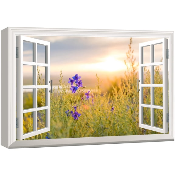 wall26 Canvas Print Wall Art Window View of Purple Flowers at Sunset Nature Wilderness Photography Realism Rustic Scenic Colorful Relax/Calm Ultra for Living Room, Bedroom, Office - 24"x36"