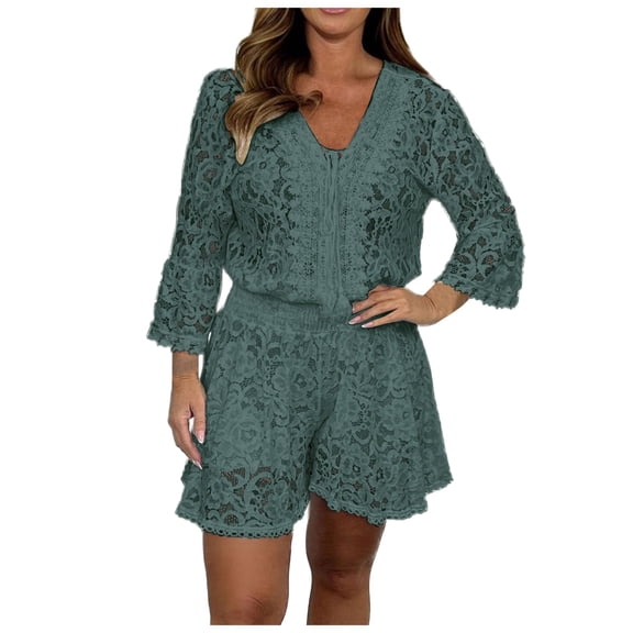 DHFJKG 2 Piece Sets For Women Lace V Neck 3/4 Sleeve Top Shorts Sets Spring Summer Vacation Outfits Matching Clothing Beach Soft Outfit