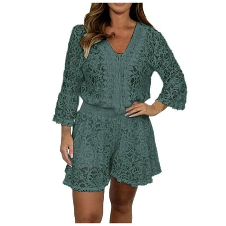 OJSFQUFP 2 Piece Comfy Set Women Summer Green Women Lace Slim Two Piece Sets Sexy V Neck Flared Sleeves Top Shorts Suits Elegant Embroidery Hollow Party Outfits S