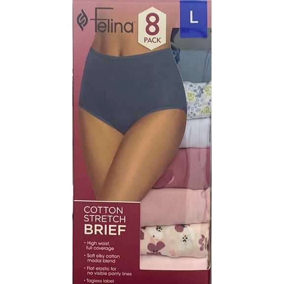 Felina Full Coverage Hi-Cut 8 Pack Women's Panties, Assorted Multicolor Large
