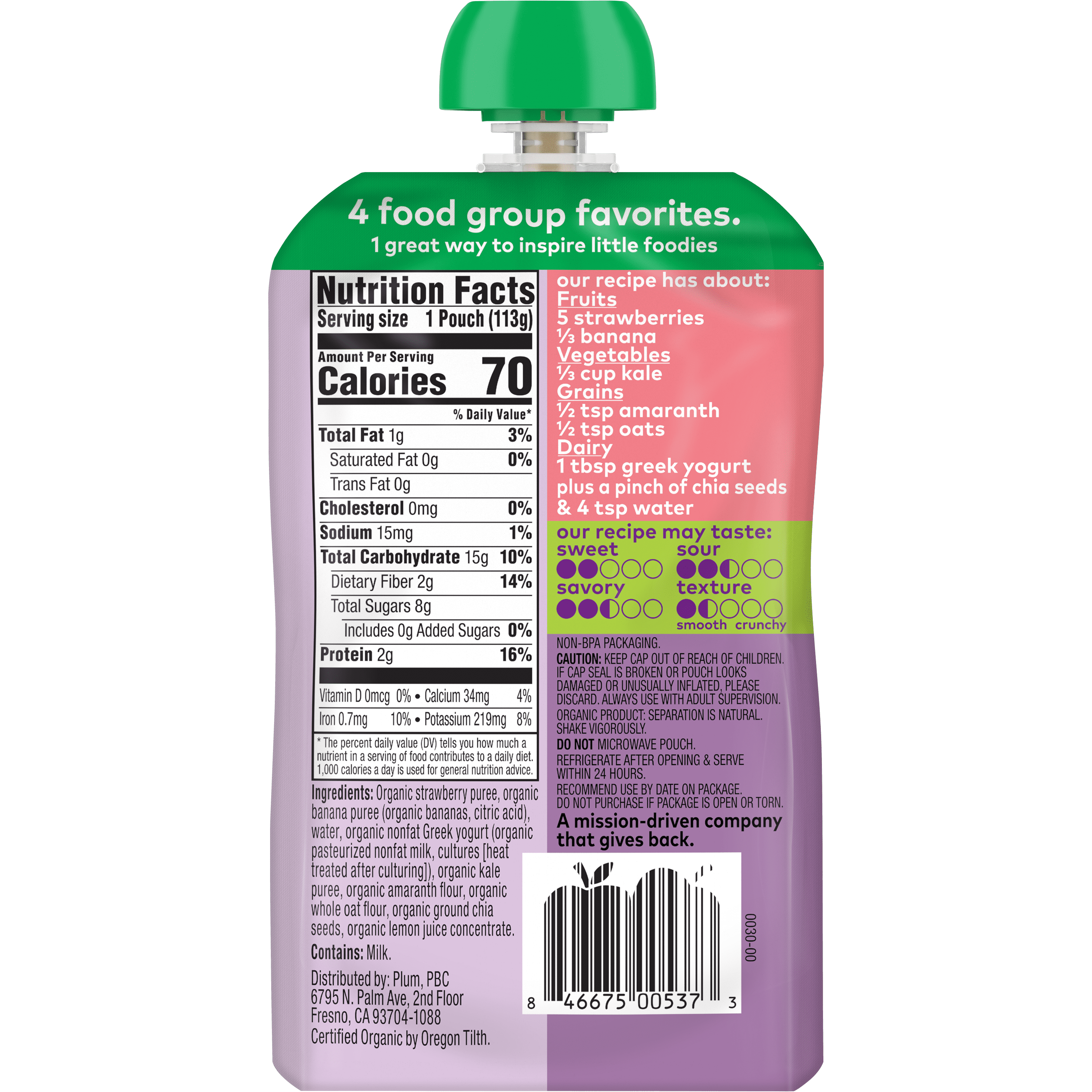 Plum Organics Mighty 4 Organic Toddler Food, Strawberry, Banana, Greek Yogurt, Kale, Amaranth, and Oat, 4 oz Pouch - Case of 12
