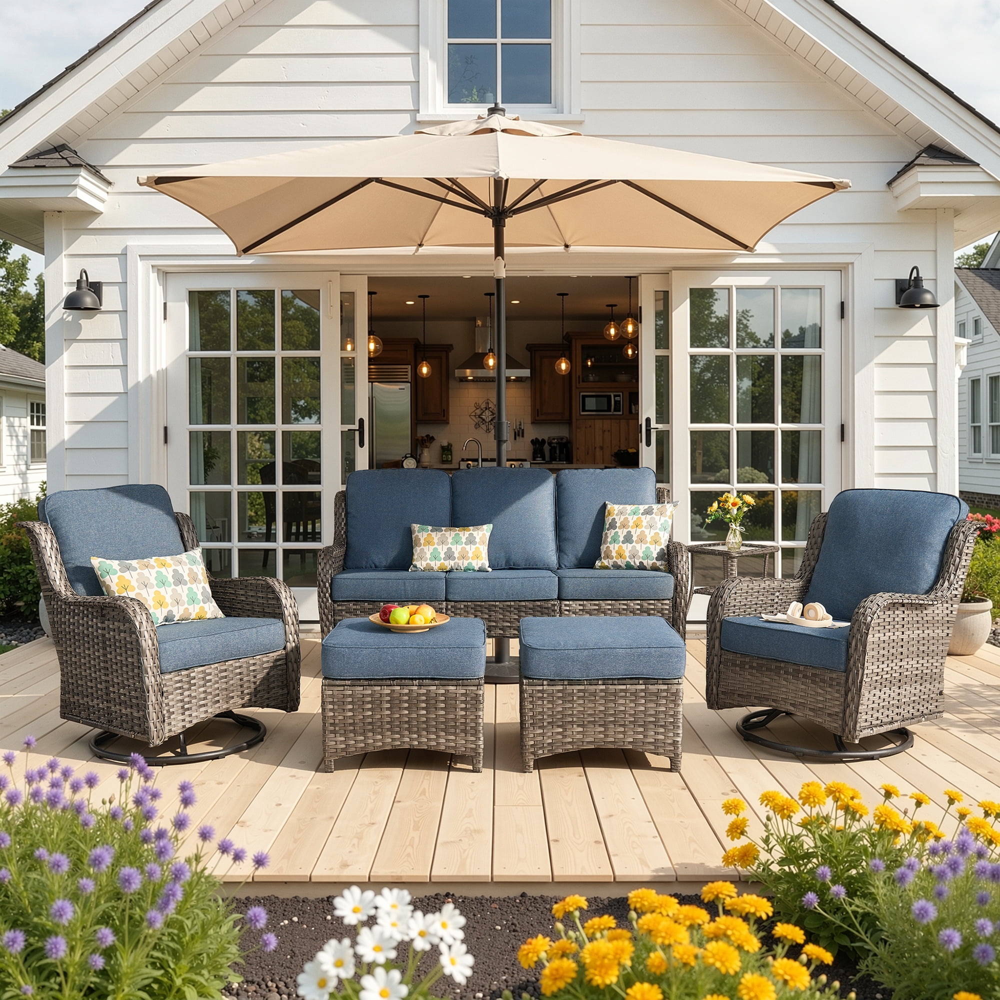 Ovios 6-Piece Patio Furniture Set All-Weather Wicker Outdoor Conversation Set with Sofa Swivel Chairs and Ottomans, Denim Blue