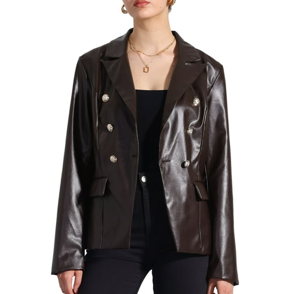 INSPIRE CHIC Women's Notched Lapel Faux Leather Blazer Double Breasted PU Work Formal Jackets