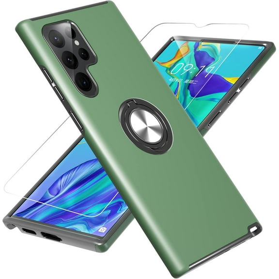 Samsung Galaxy S22 Ultra Case, Galaxy S22 Ultra Case with HD Screen Protector, [Military Grade] Shockproof Protection Case with 360° Magnetic Ring Holder Kickstand for Samsung S22 Ultra, Green