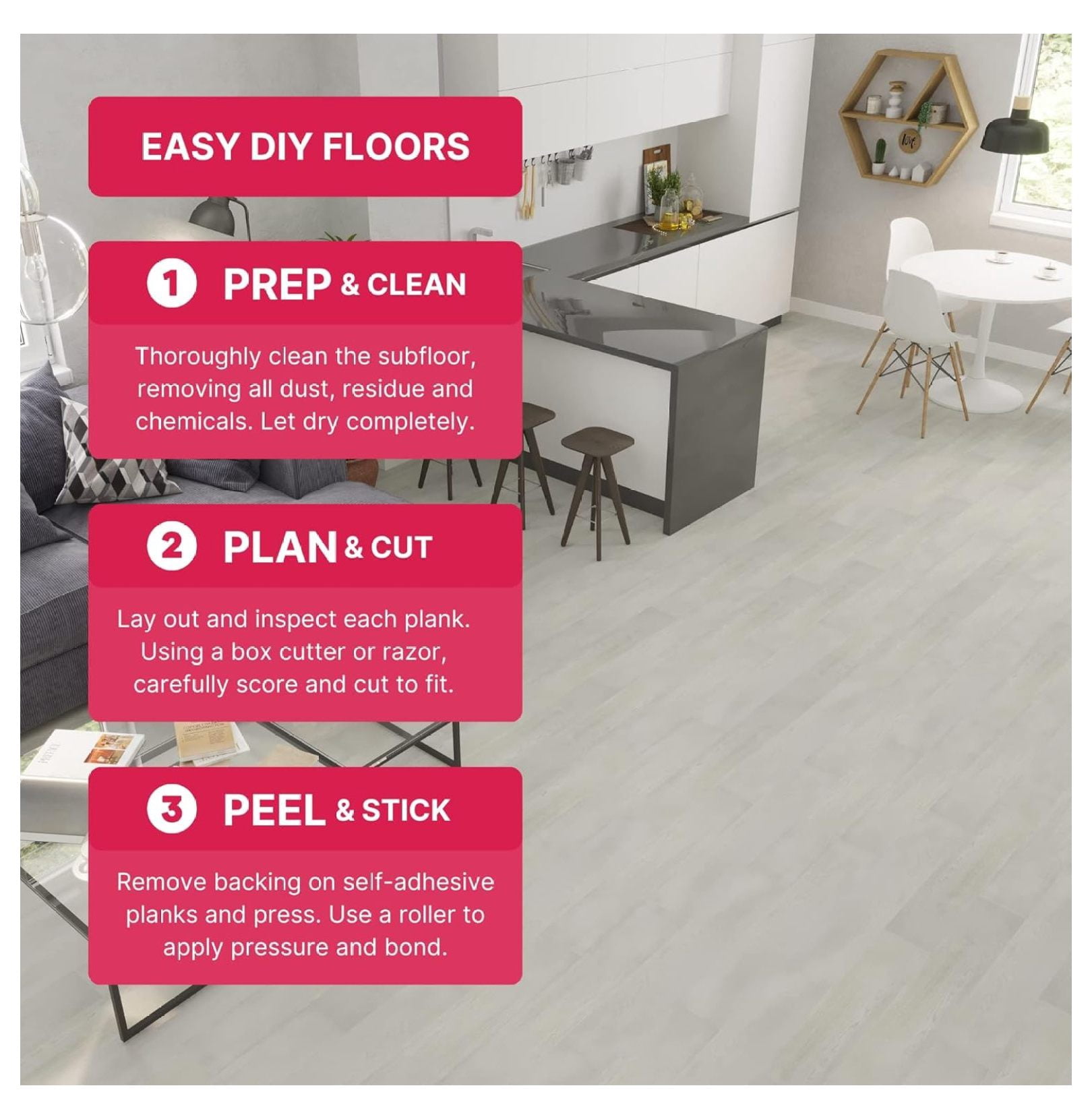 Luxury Vinyl Floor Tiles-Peel & Stick Adhesive Flooring for DIY Installation-36 Wood-Look Planks-BaseCore-54 Sq. Feet