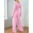 thumbnail image 4 of Women'S 2 Piece Matching Lounge Set Long Sleeve Boat Neck Top Wide Leg Pants Casual Sweatsuit Pink S, 4 of 9