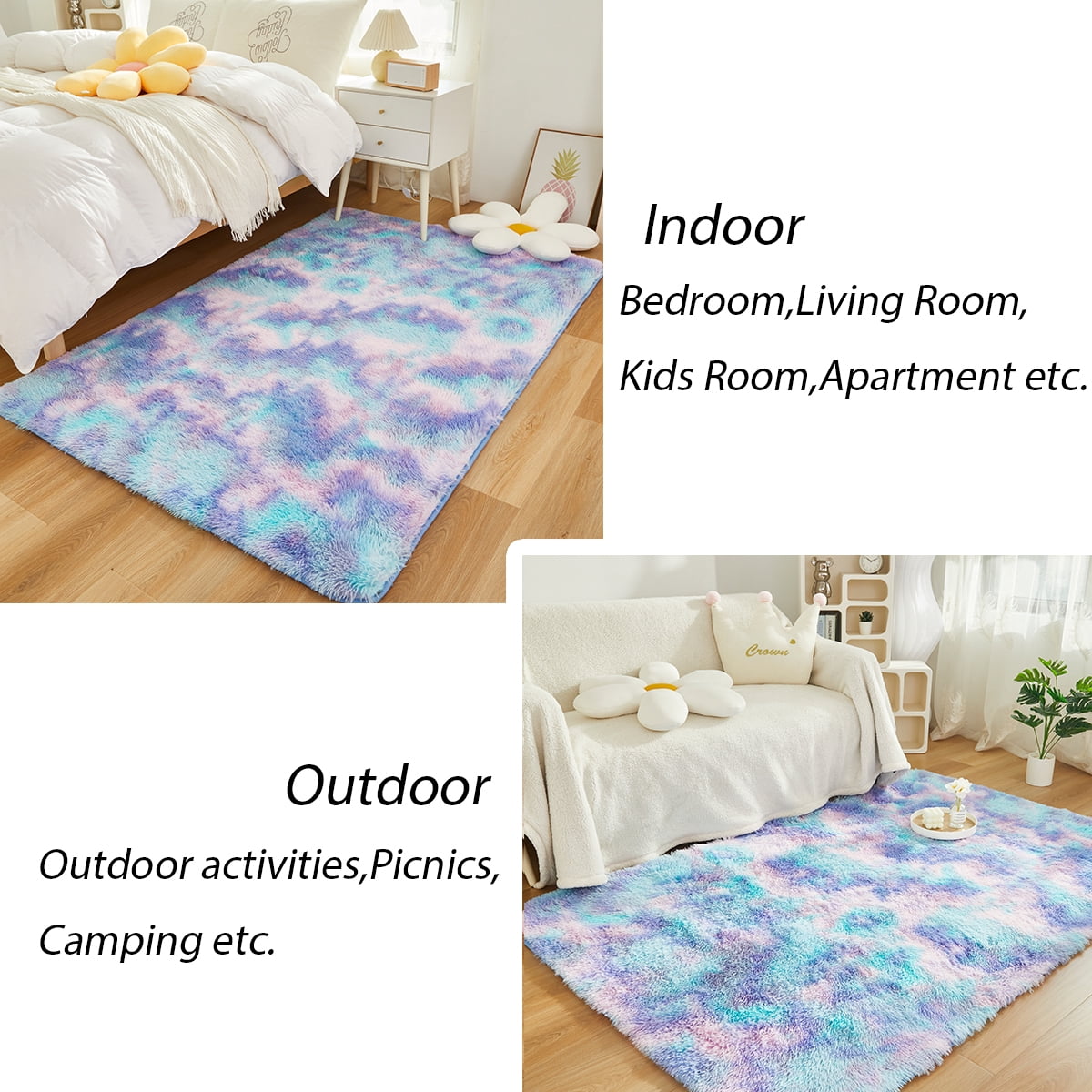 PERFEMET Rainbow Purple Teal Big Area Rugs 5x8 Carpet Tie Dye Plush Shag Rugs for Bedroom Living Room Floor Mat for Nursery Dorm Soft Rectangular Rug(5'x8', Teal Purple)