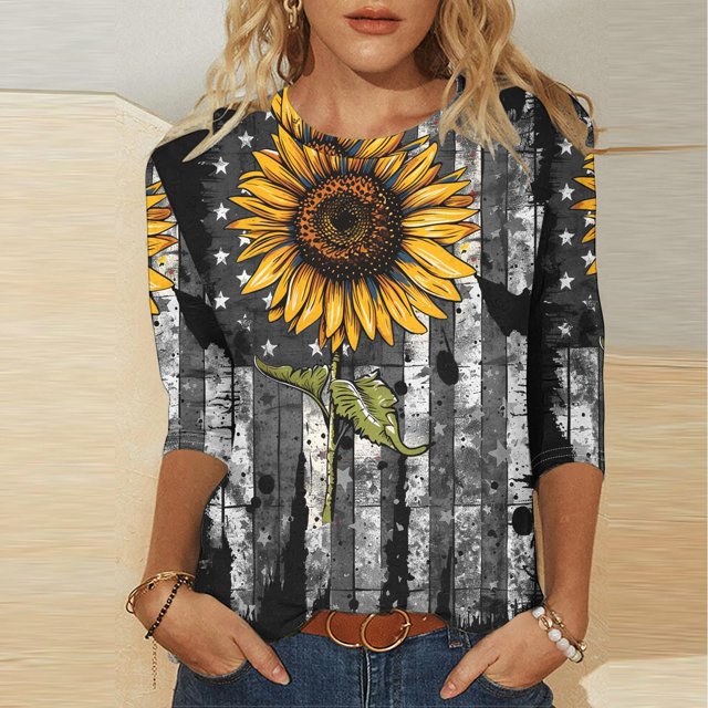 Fiudx Camisas de Mujer Moda Mujer Impresión Cuello Redondo Manga 3/4 Camiseta Pulóver Blusa Superior