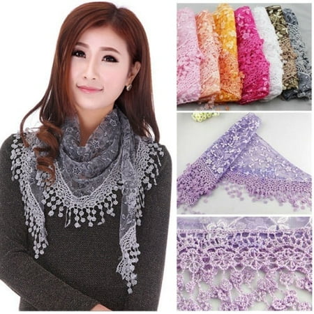 New Women Lace Sheer Metallic Floral Print Triangle Mantilla Scarf Shawl Wrap Tassel