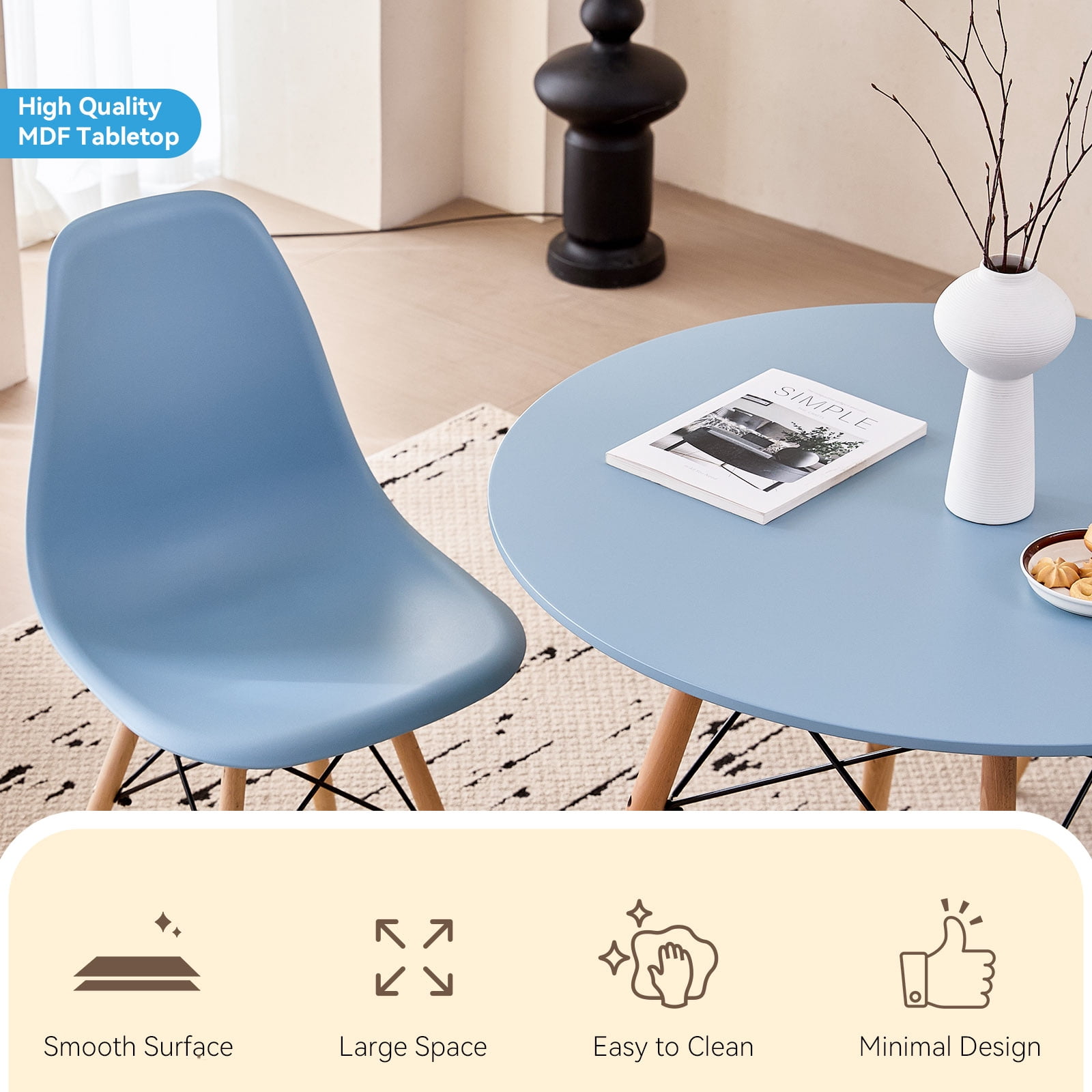 5 Piece 31.5'' Round Dining Table Set for 4, Kitchen Table & Chairs Set of 4, Mid-Century Modern Table W/ 4 Chairs for Home, Living Room, Apartment, Wood Legs, Metal Frame, Blue