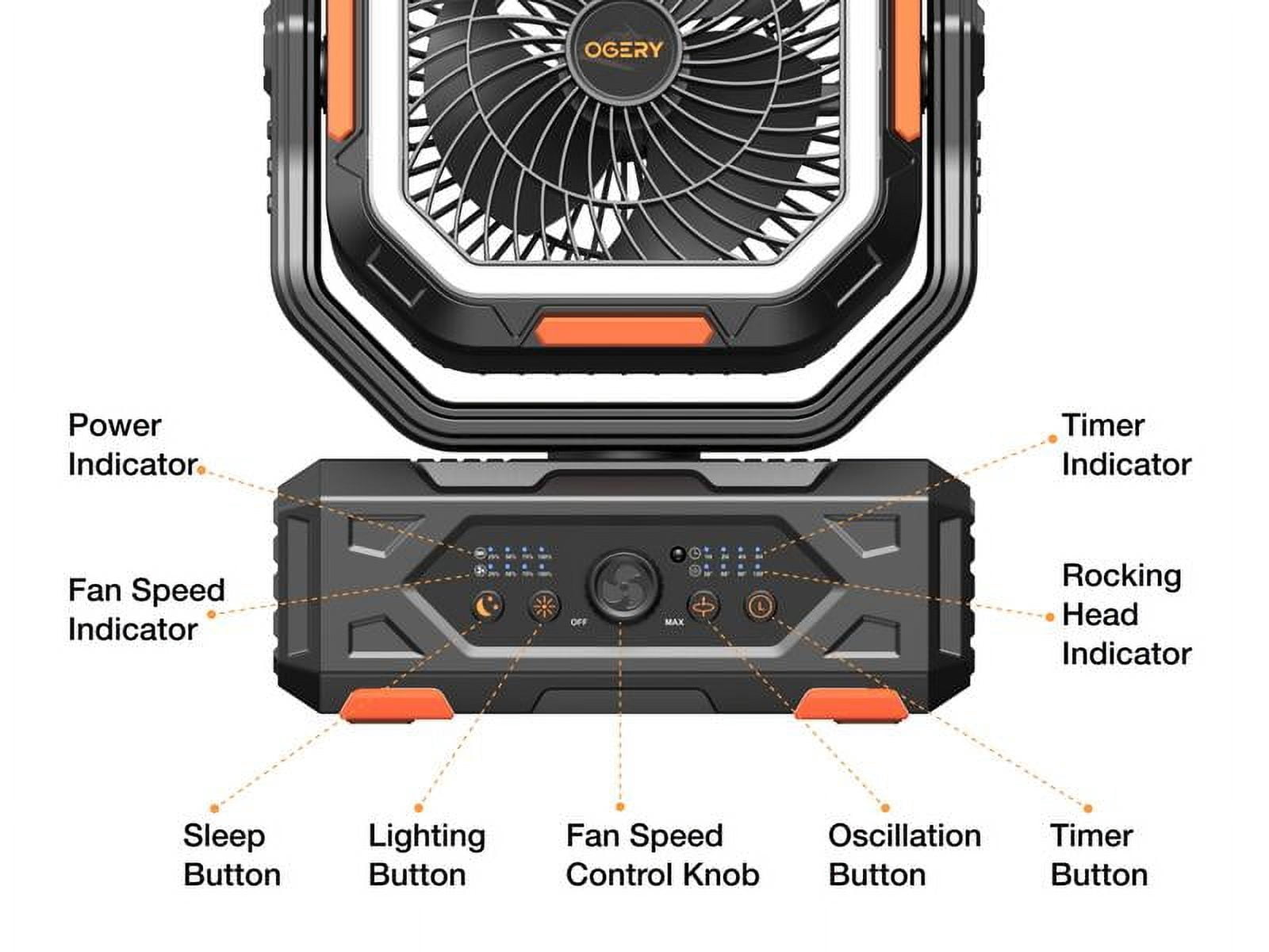 OGERY 2025 Upgraded Camping Fan, 20000mAh Rechargeable Fan with LED Lights & 270° Pivot, Remote Control Shaking Head Desk Fan for Tent Travel Home Multifunction Outdoor Activities