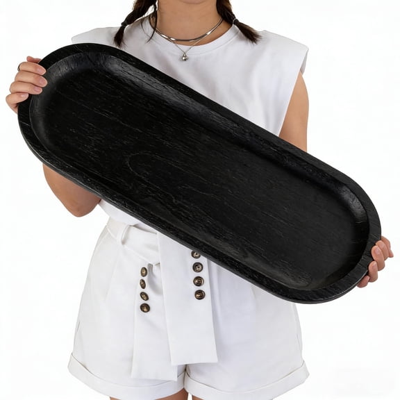 Hanobe Decorative Bowl Large Wooden Tray: 25.5" Extra Long Wood Dough Bowls Dining Room Table Centerpiece (Black)