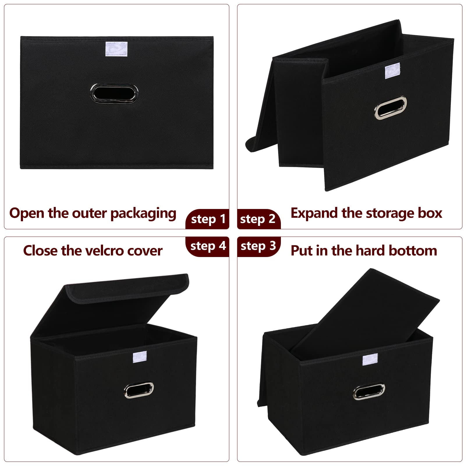 Bevtee Fabric Storage Bins with Lids, 3pc Storage Basket, Collapsible Cube Organizer Container, Metal Handles, for Bedroom, Closet, Black
