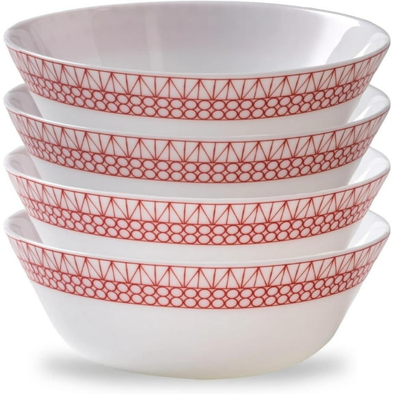 Corelle Graphic Stitch 4-Piece Set of 18 oz Soup/Cereal Bowls, Service for 4, Red and White Bowls