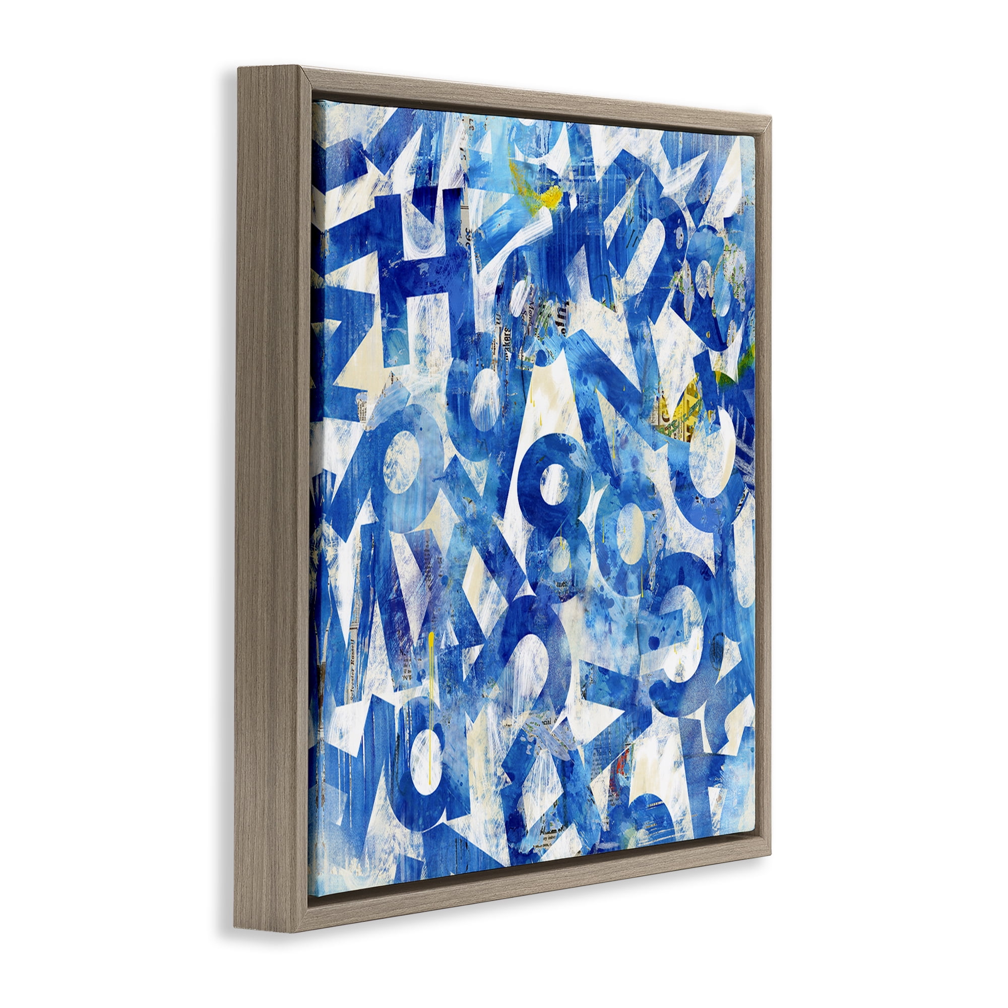 Stupell Industries Blue Typography Collage Abstract Painting Brown Floater Framed Canvas Art Print Wall Art, 18 x 18