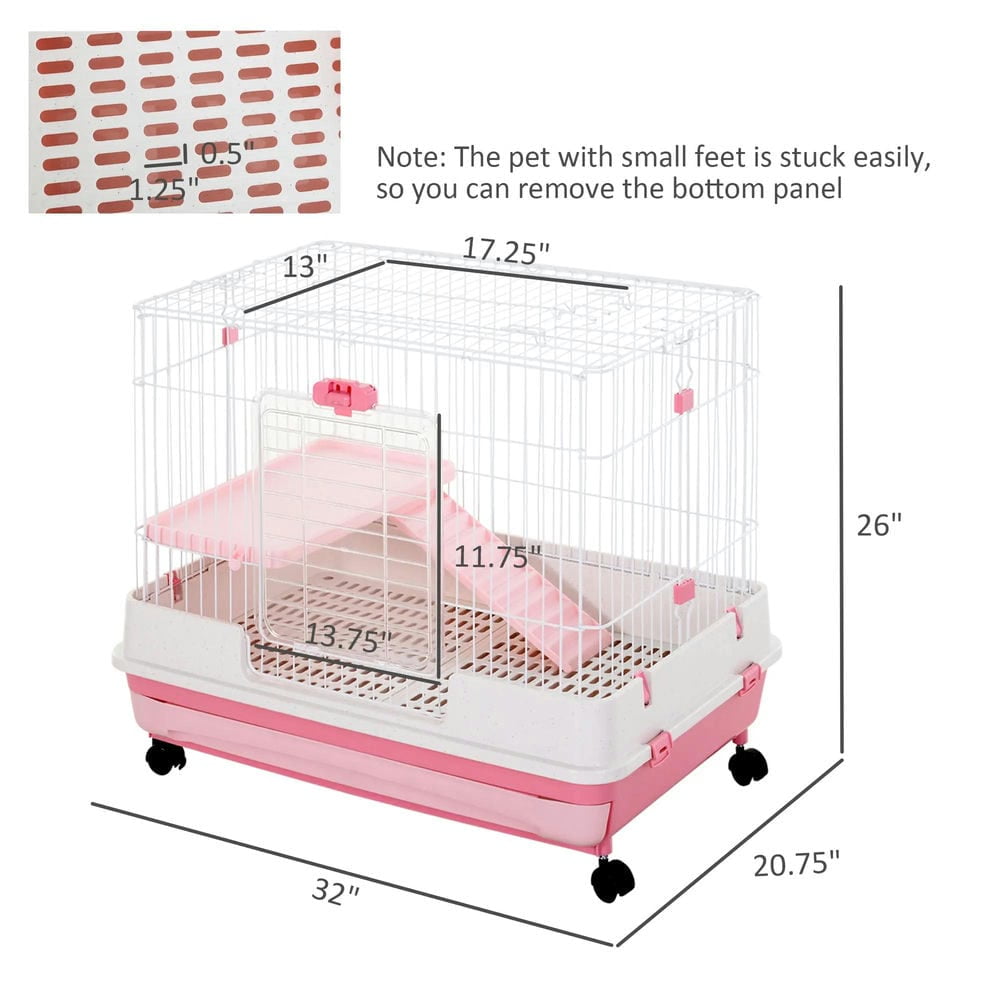 Barara King Large Rabbit Coop, Rabbit Coop, Outdoor Rabbit House,2-Level Small Animal Cage Rabbit Hutch with Wheels, Removable Tray, Platform and Ramp, Pink