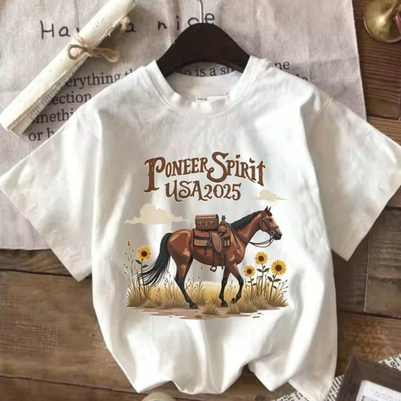 Pioneer Spirit USA 2025 Horseback Riding Adventure With Suowers All Sean 220g Cotton Single Sided Printed Crew Neck S1Hort Sve T S1Hirt