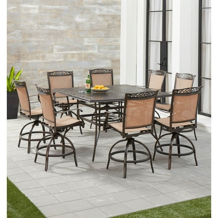Hanover Fontana 9-Piece Counter-Height Outdoor Dining Set with 8 Sling Swivel Chairs and a 60-In. Square Cast-Top Table