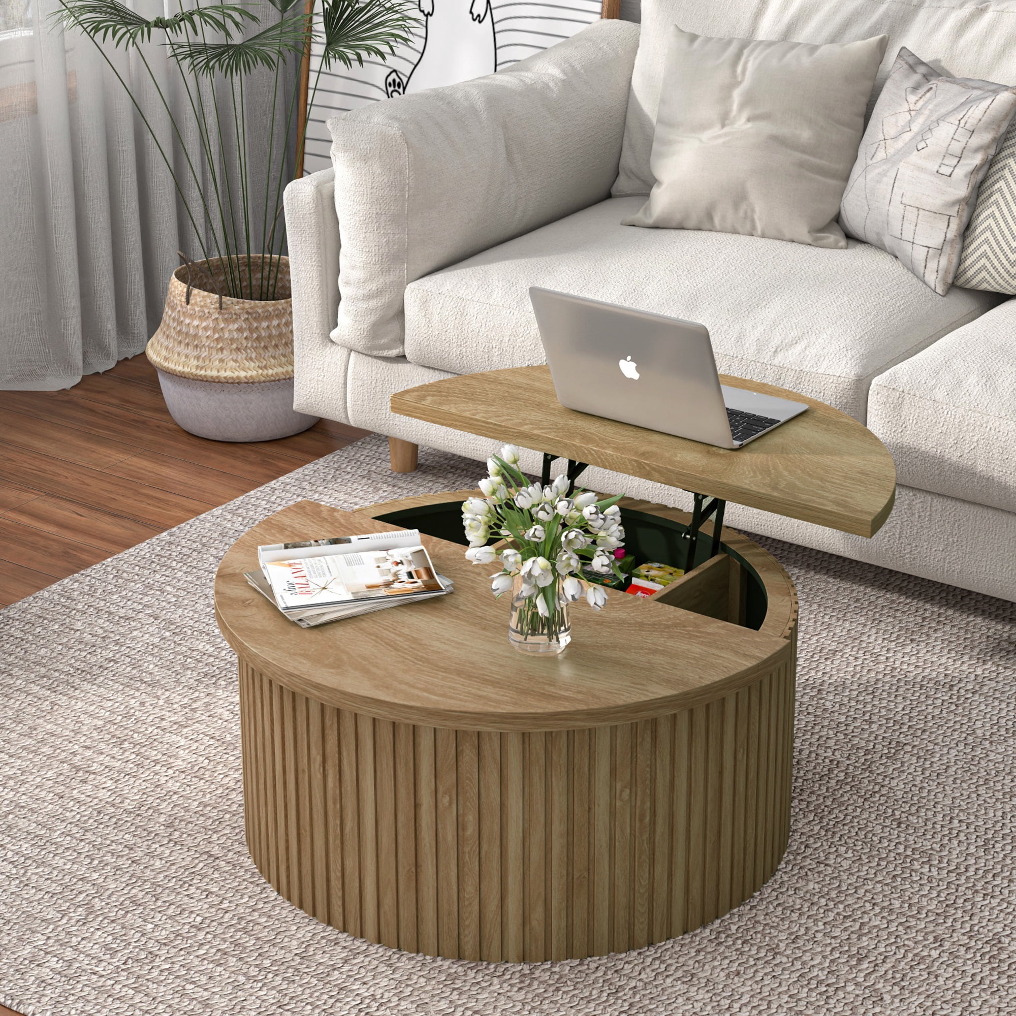Round Lift Top Coffee Table with Storage Farmhouse Center Table with Hidden Compartment Circle Sofa Table for Living Room Wood