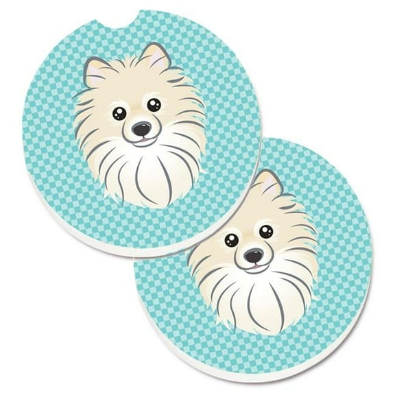 Checkerboard Blue Pomeranian Set of 2 Cup Holder Car Coaster