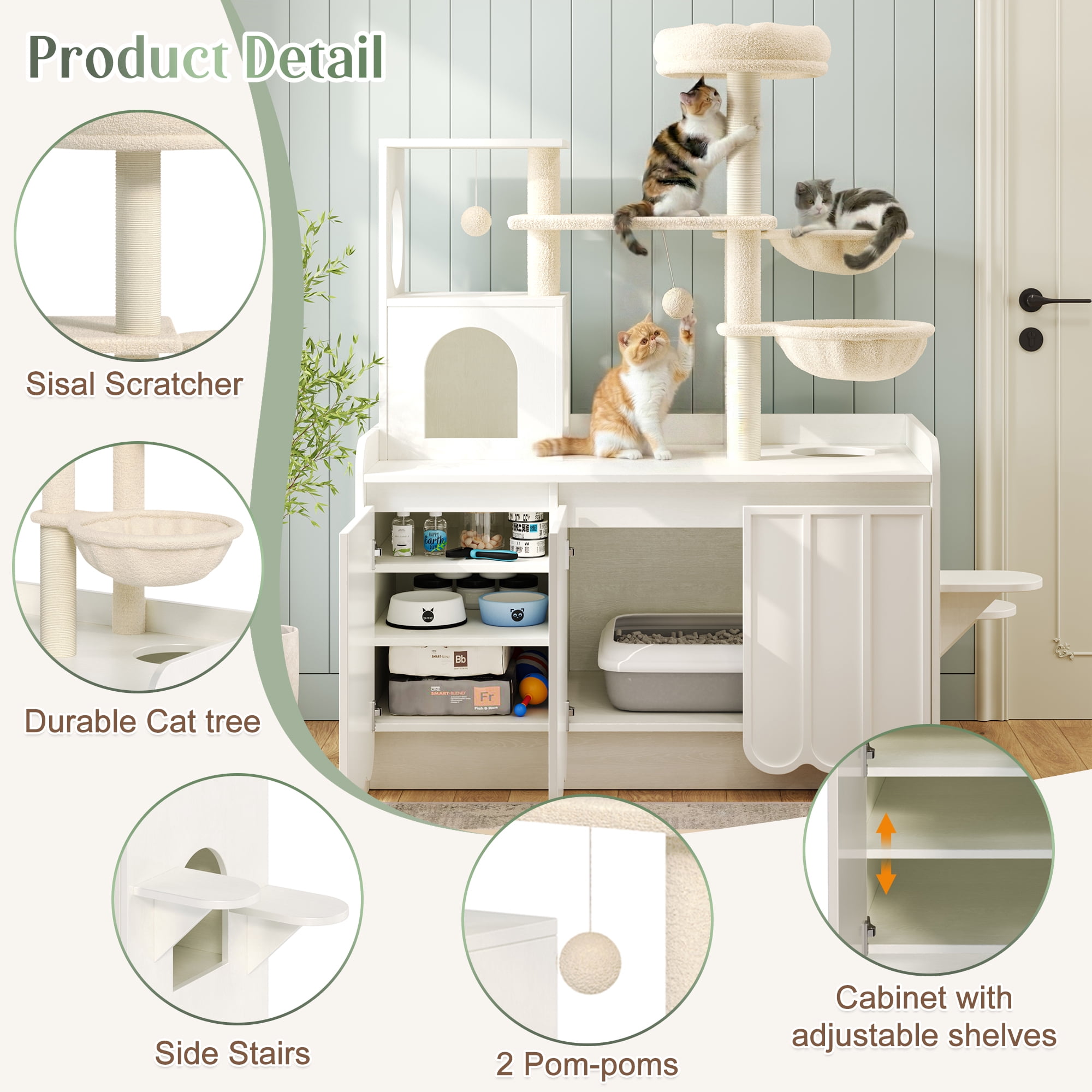 Euroco Cat Tree with Litter Box Enclosure, 59" Tall Modern Cat Tower with Sisal Scratching Post,Hammock,House,Perch & Storage Space,All-in-One Cat Condo,Hidden Cat Furniture,White