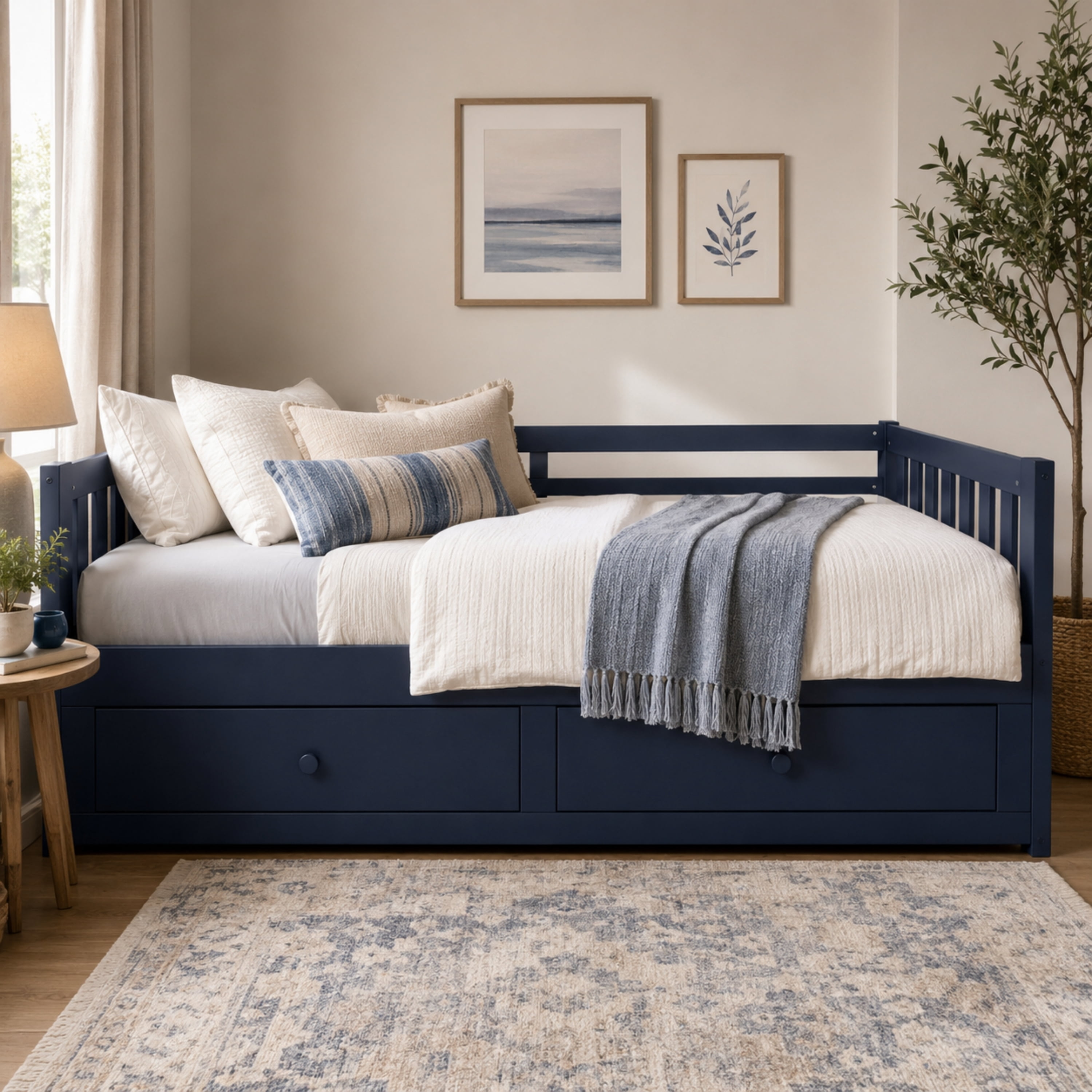 Euroco Wood Twin to King Size Daybed with Pull-out Trundle, Convertible Bed Frame with Drawers, No Box Spring Needed, Blue