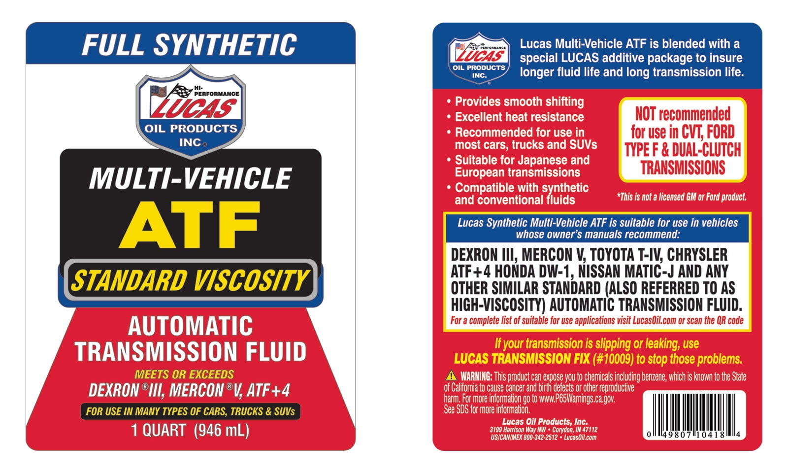 Lucas Oil Full Synthetic Multi-Vehicle ATF Automatic Transmission Fluid 32 ounce