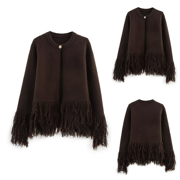 Dolkfu Crew Neck Sweaters for Women 2025 Button Up Brown Fringed Cardigan Sweater Open Front Knit Blouse Tops for Woman L