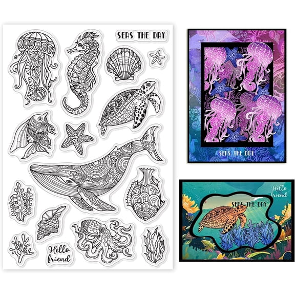 1sheet Ocean Life Clear Stamps Marine Whales Turtles Seahorses Squid Silicone Clear Stamp Seals