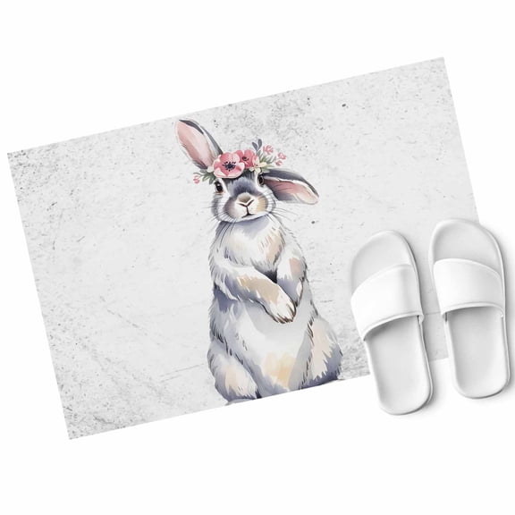 Rabbit Wearing A Flower Wreath Door Mat Flower Animal Bunny Non Slip Absorbent Entrance Mat Washable Low Profile Indoor Doormat for Front Door Entryway Entry 18"x30"