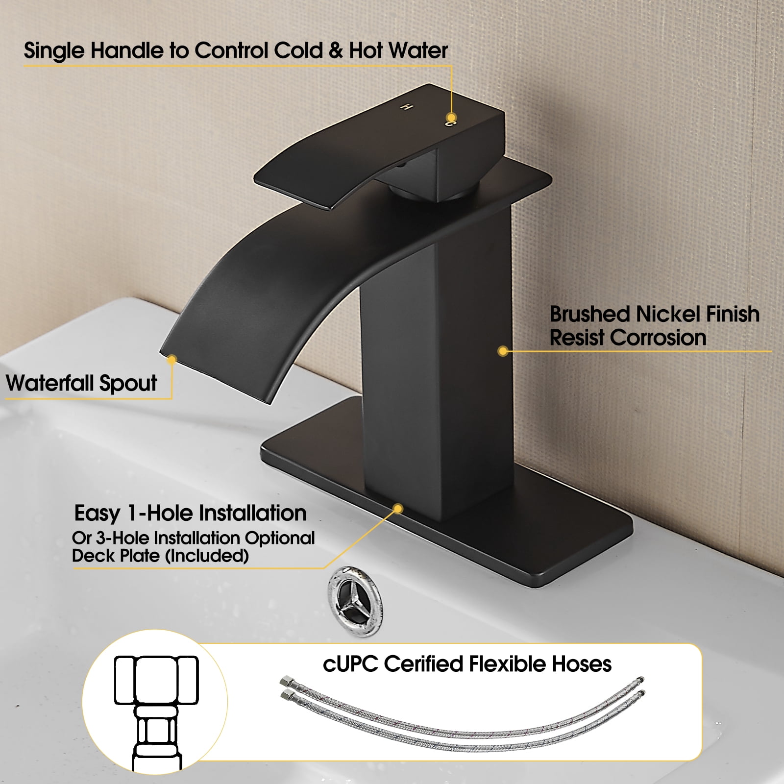 Kede Black Waterfall Bathroom Faucet Lavatory Single Handle 1 or 3 Hole Bathroom Sink Faucet Washbasin Faucet with Deck and Pop-up Drain
