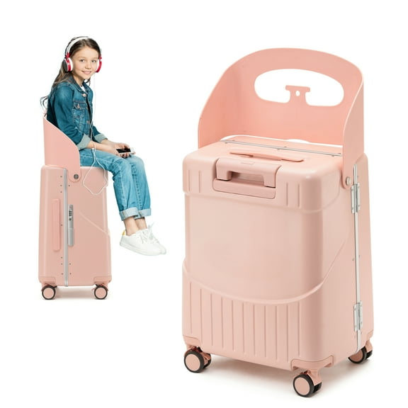 Apelila 22'' Hardside Ride-On Suitcase with Seat for Kids & Adults – Travel Luggage with 360° Spinner Wheels, Lockable TSA Lock & Seat Belts, Foldable Stool for Airport Waiting