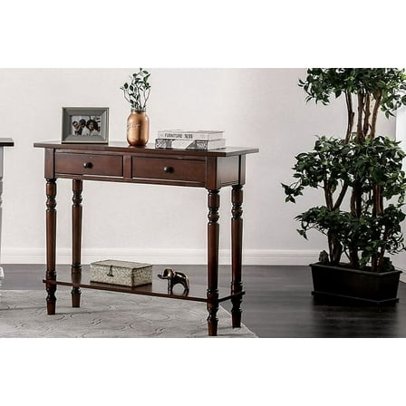 Benzara Wooden Two Drawer and One Bottom Shelf Server with Turned Feet, Cherry Brown