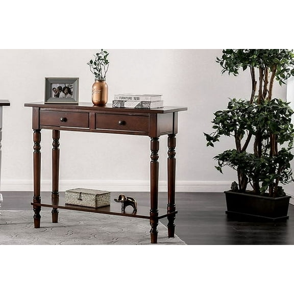 Benzara Wooden Two Drawer and One Bottom Shelf Server with Turned Feet, Cherry Brown